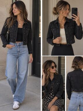 American Eagle Black Denim Jacket Washed Distressed Button Up Cropped XS‎ Boho